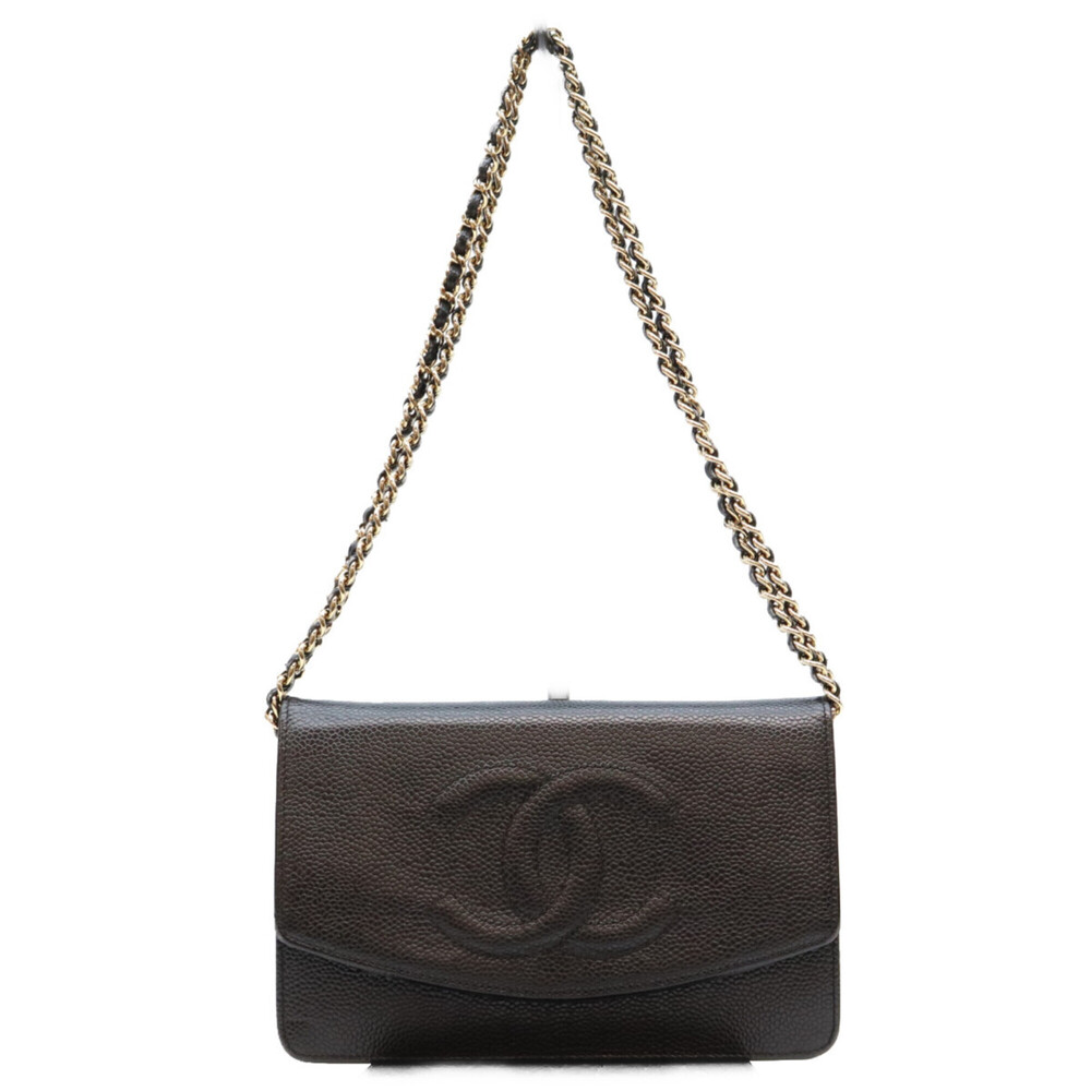 CHANEL Black Caviar Leather Chain Shoulder Wallet with Gold Hardware and Coco...